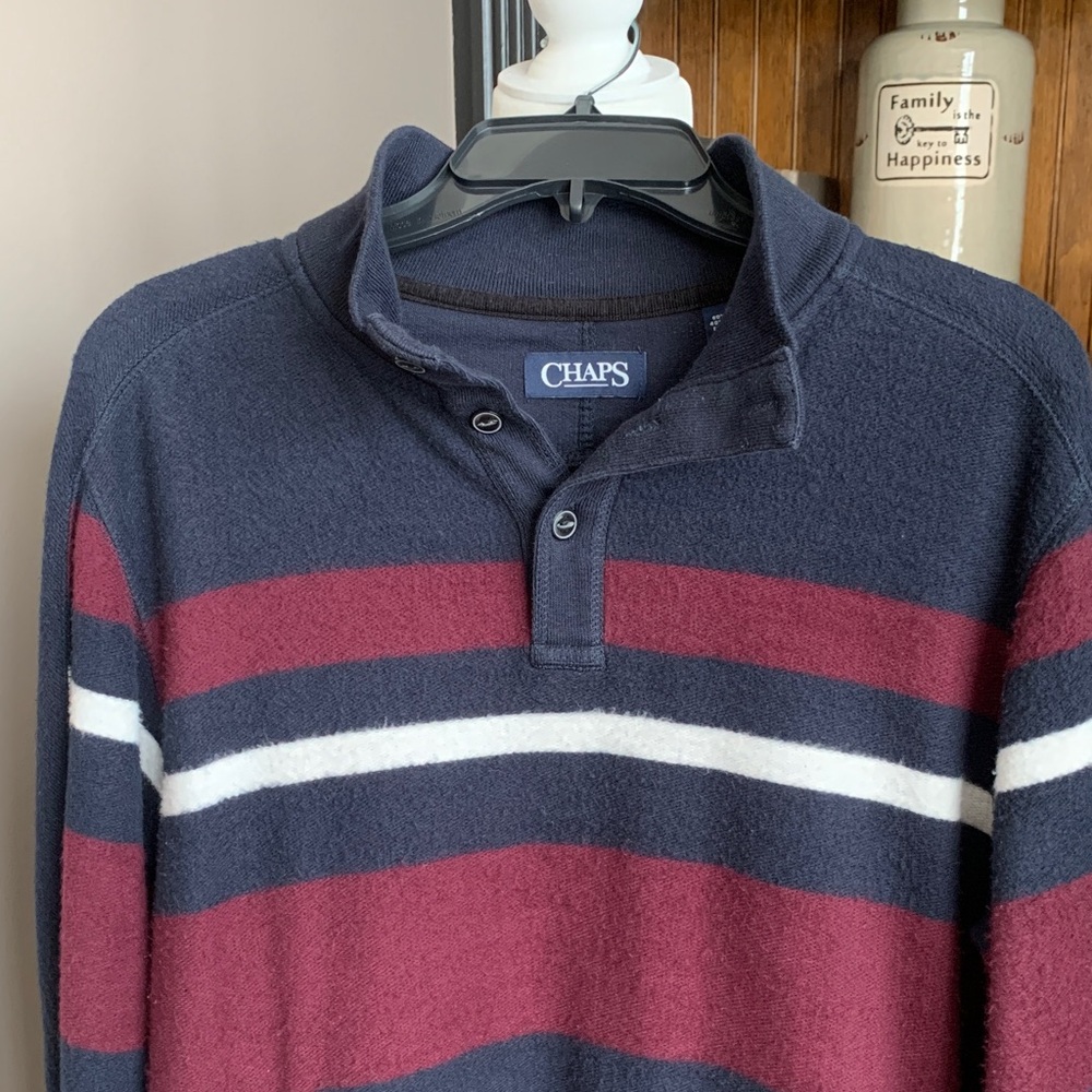 Chaps Navy and Burgundy Striped Pullover.